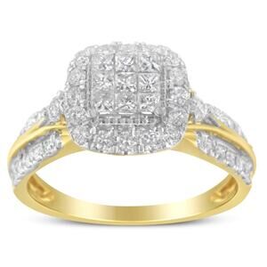 10K Gold 1.0 Cttw Diamond Composite Cushion Halo 3-Band-Look Engagement Ring